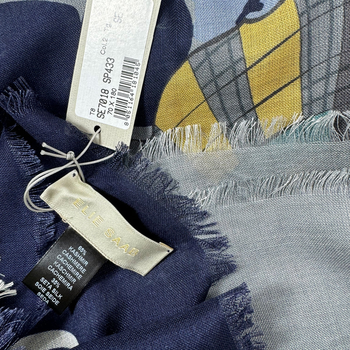 Elie Saab Scarf Gray Signature Floral Design - Cashmere Silk Shawl SALE