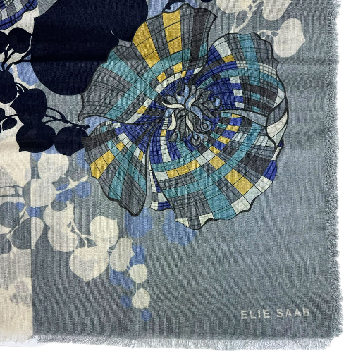 Elie Saab Scarf Gray Signature Floral Design - Cashmere Silk Shawl SALE
