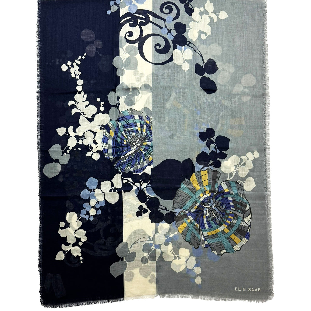 Elie Saab Scarf Gray Signature Floral Design - Cashmere Silk Shawl SALE