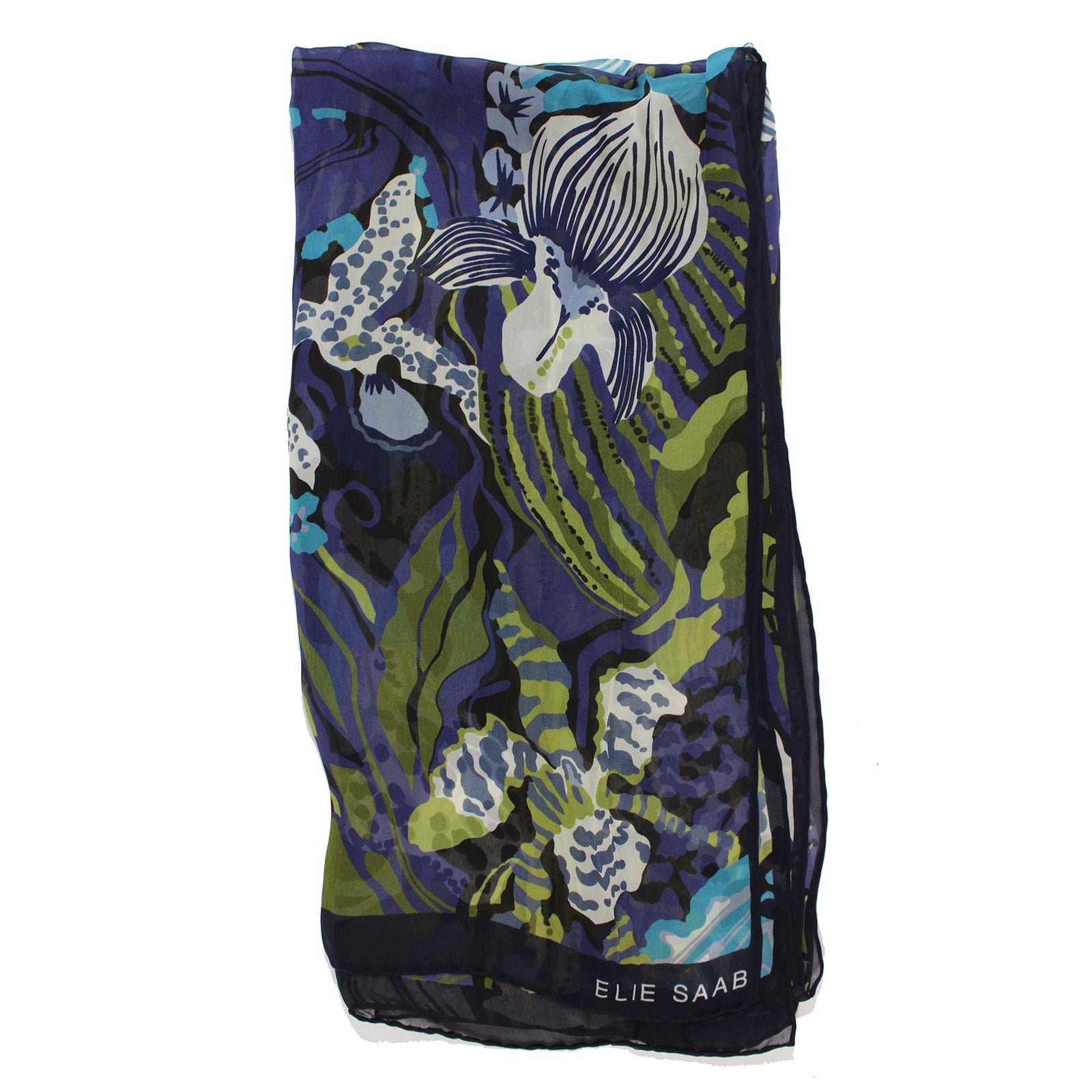 Elie Saab Scarf Midnight Blue Olive Floral Design - Chiffon Silk Designer Shawl NEW

