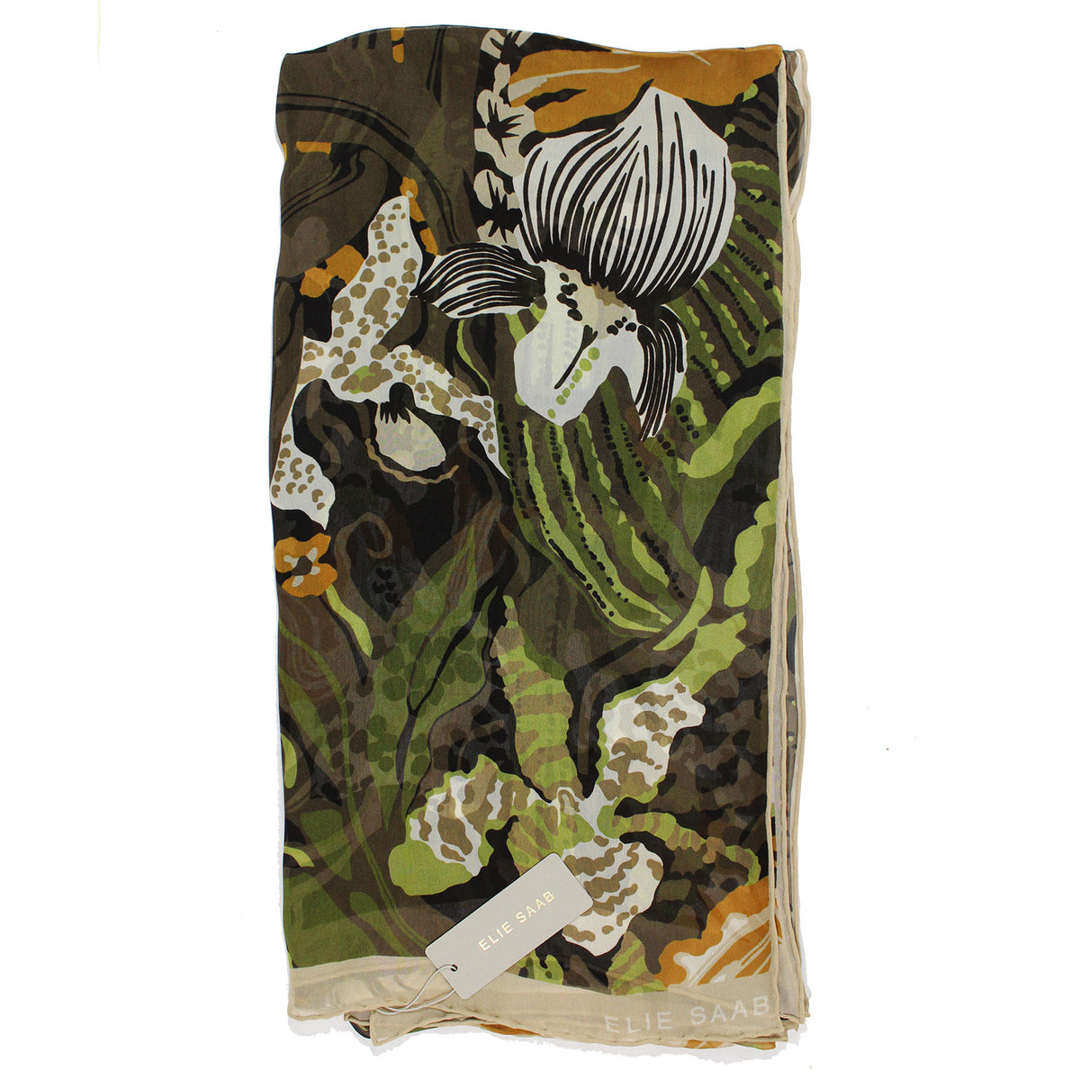 Elie Saab Scarf Forest Green Floral Design - Chiffon Silk Designer Shawl