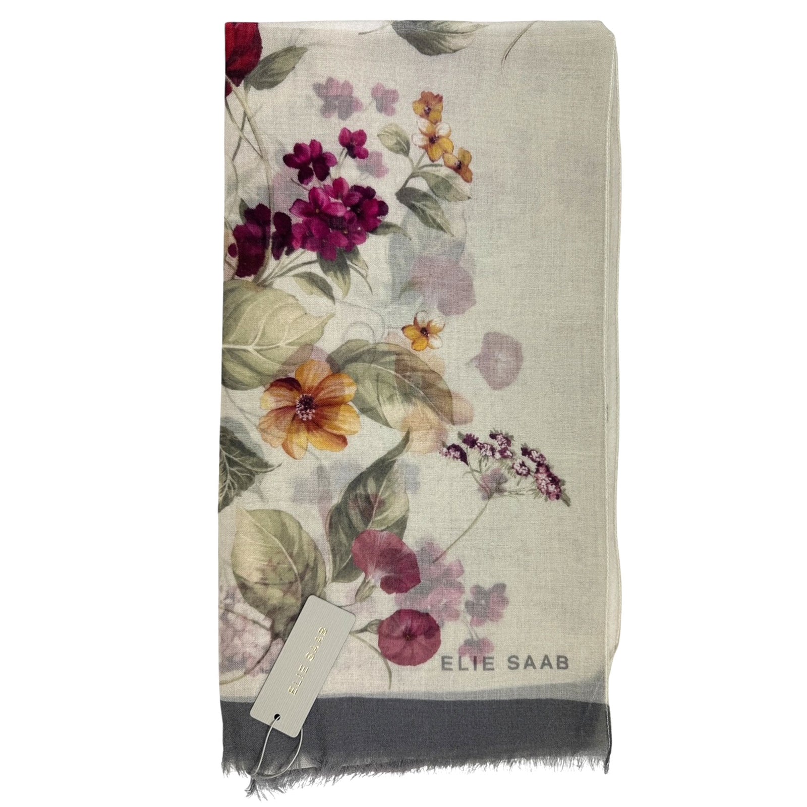 Elie Saab Scarf White Floral - Wool Designer Shawl New