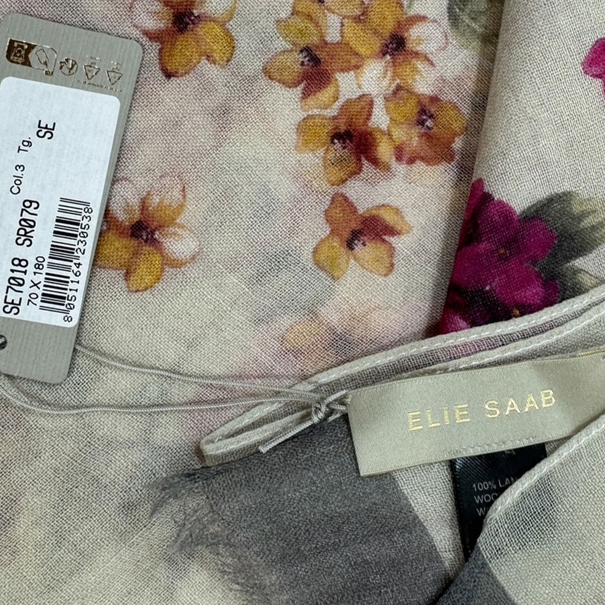 Elie Saab Scarf White Floral Design - Wool Designer Shawl