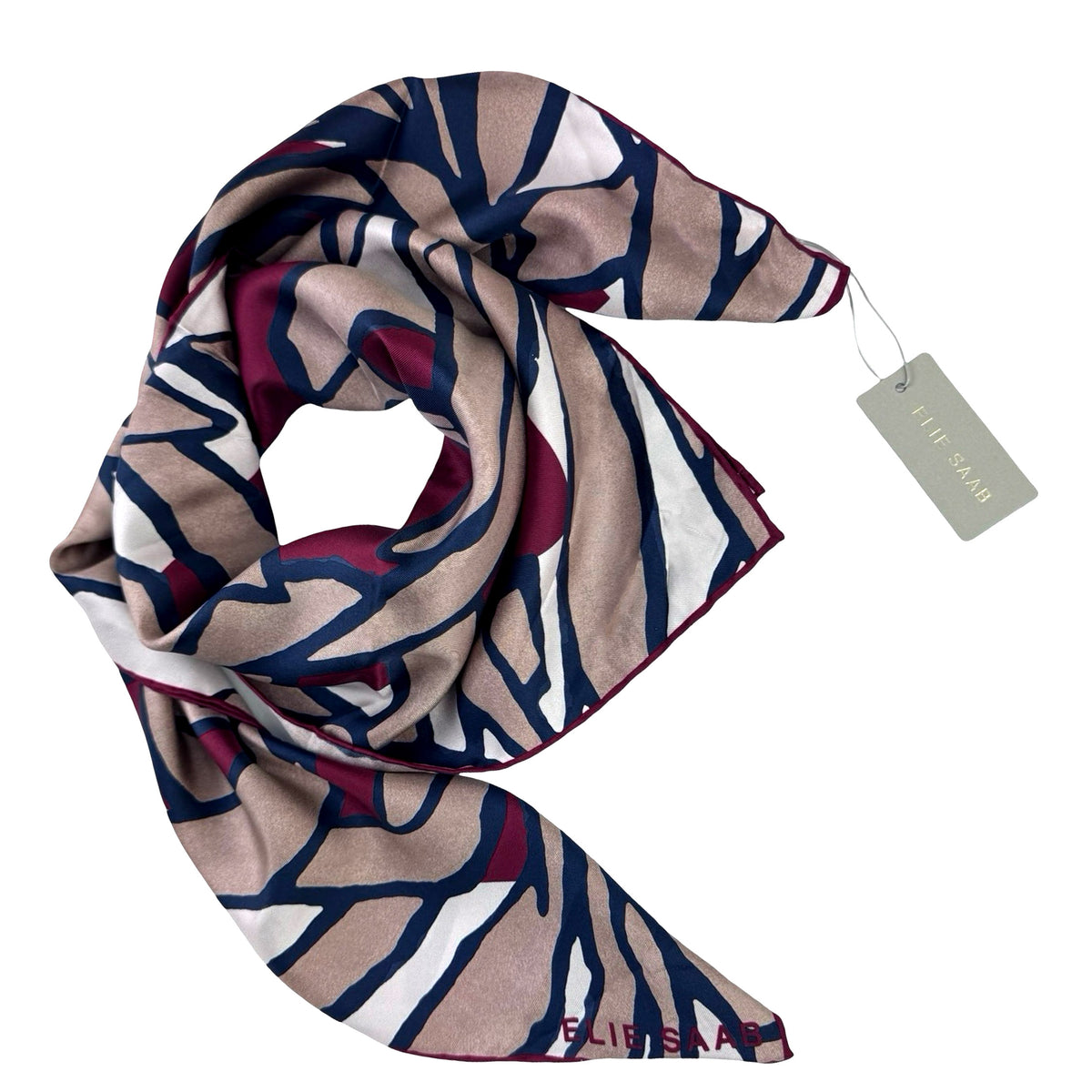 Elie Saab Scarf Maroon Taupe Navy White Design - Twill Silk Square Foulard