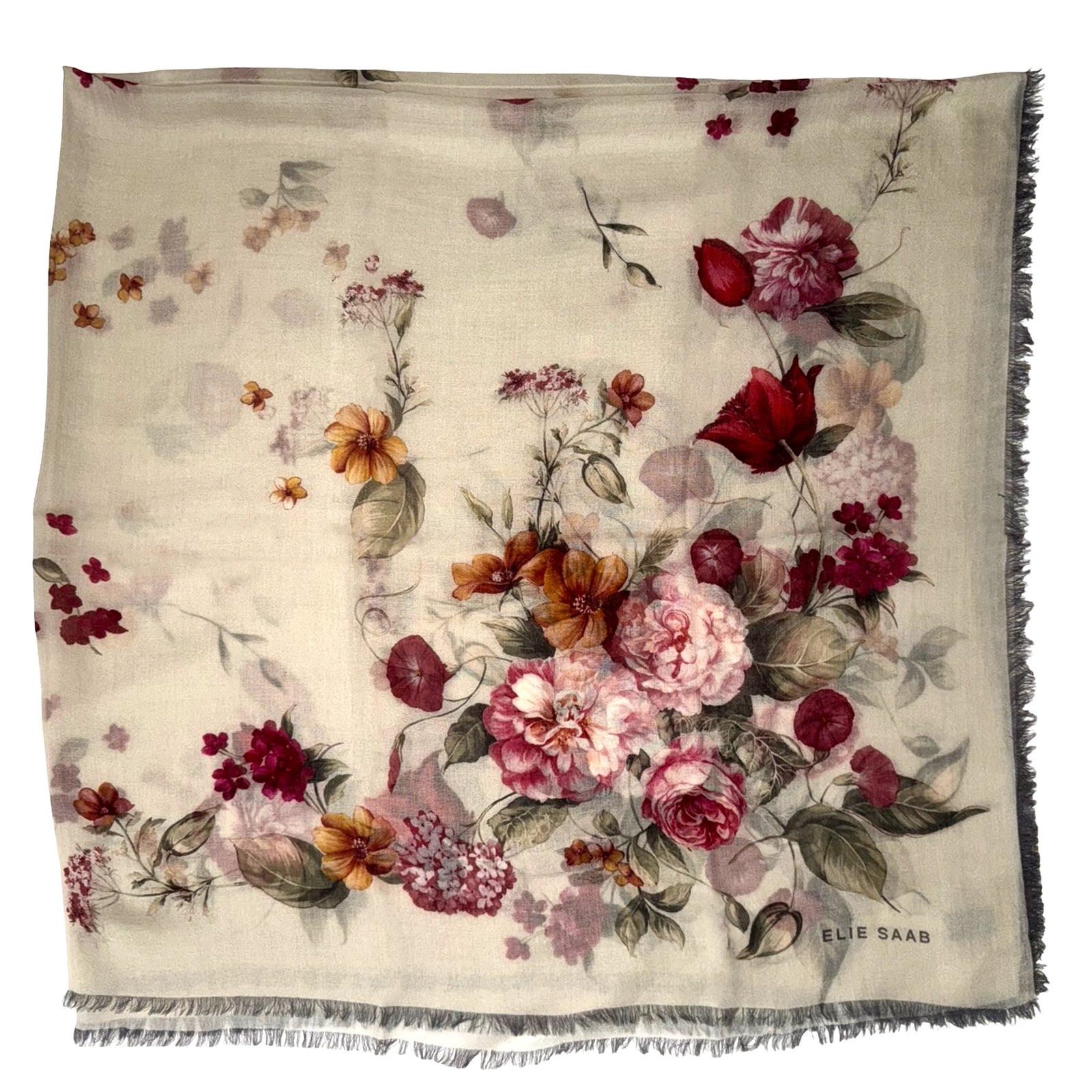 Elie Saab Scarf Gray Floral Design - Extra Large Wool Shawl