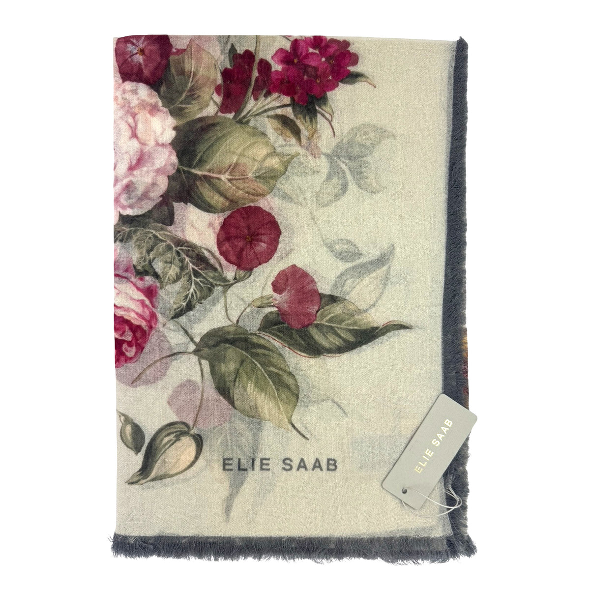 Elie Saab Scarf Gray Floral Design - Extra Large Wool Shawl