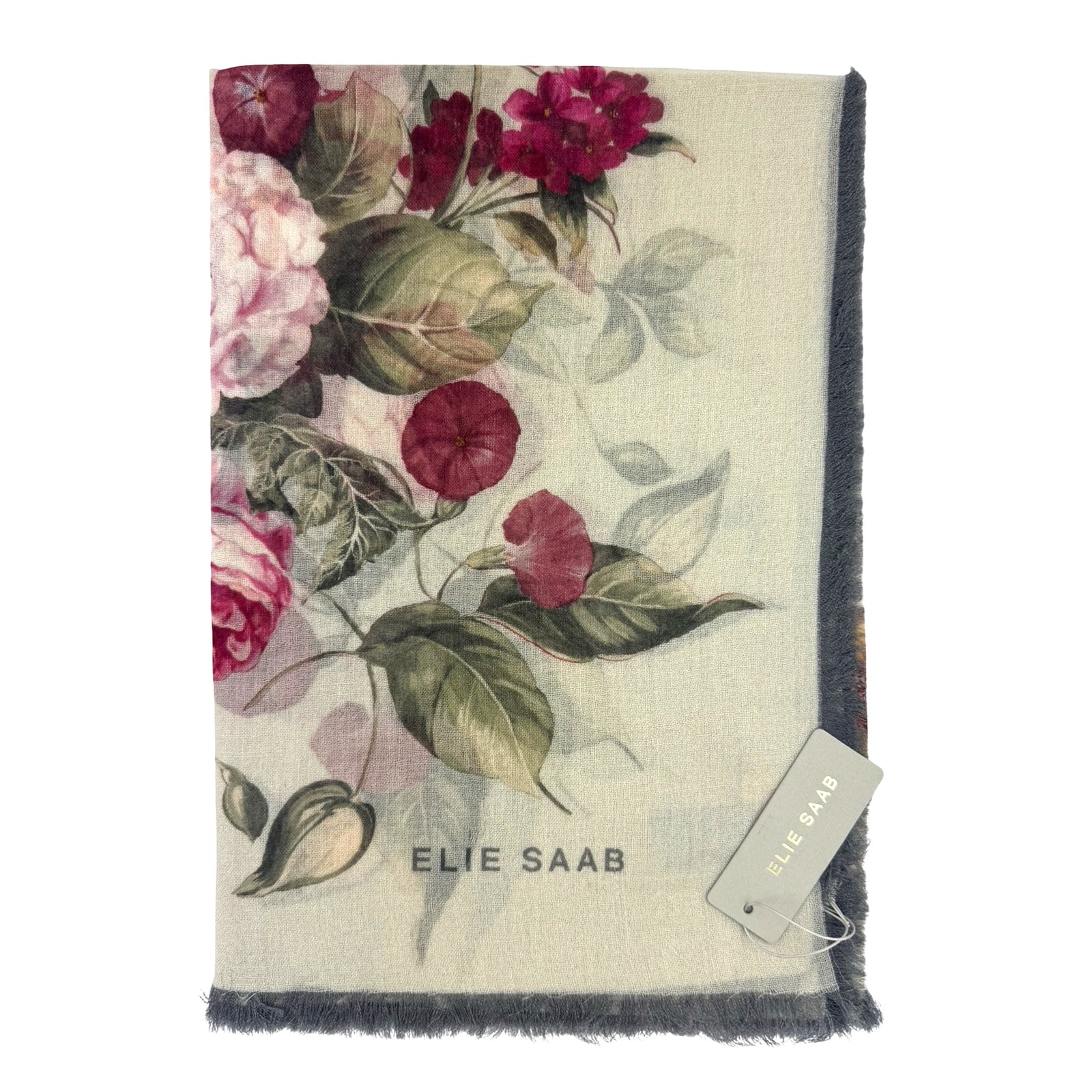 Elie Saab Scarf Gray Floral Design - Extra Large Wool Shawl