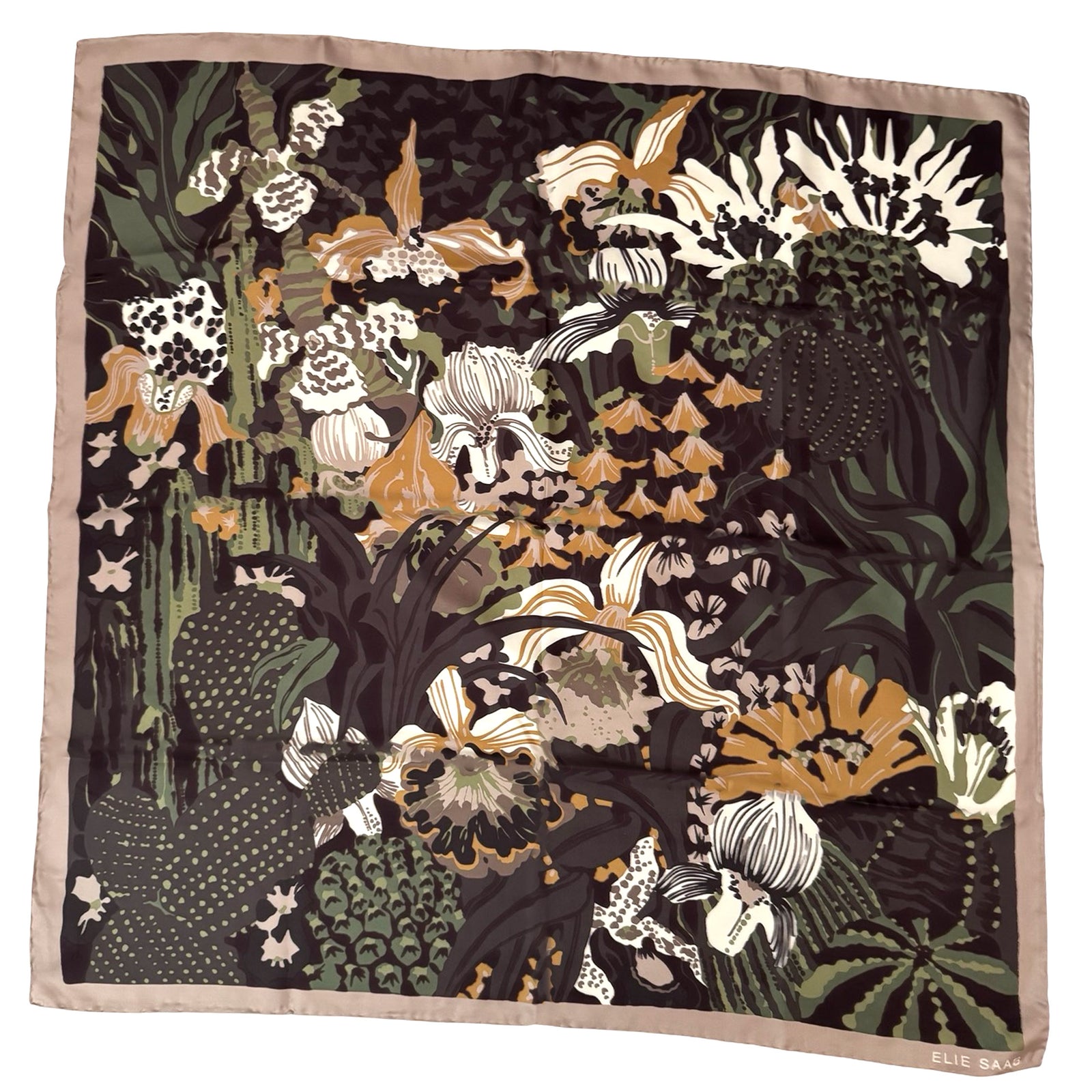 Elie Saab Scarf Forest Green Floral Design - Chiffon Silk Designer Shawl SALE