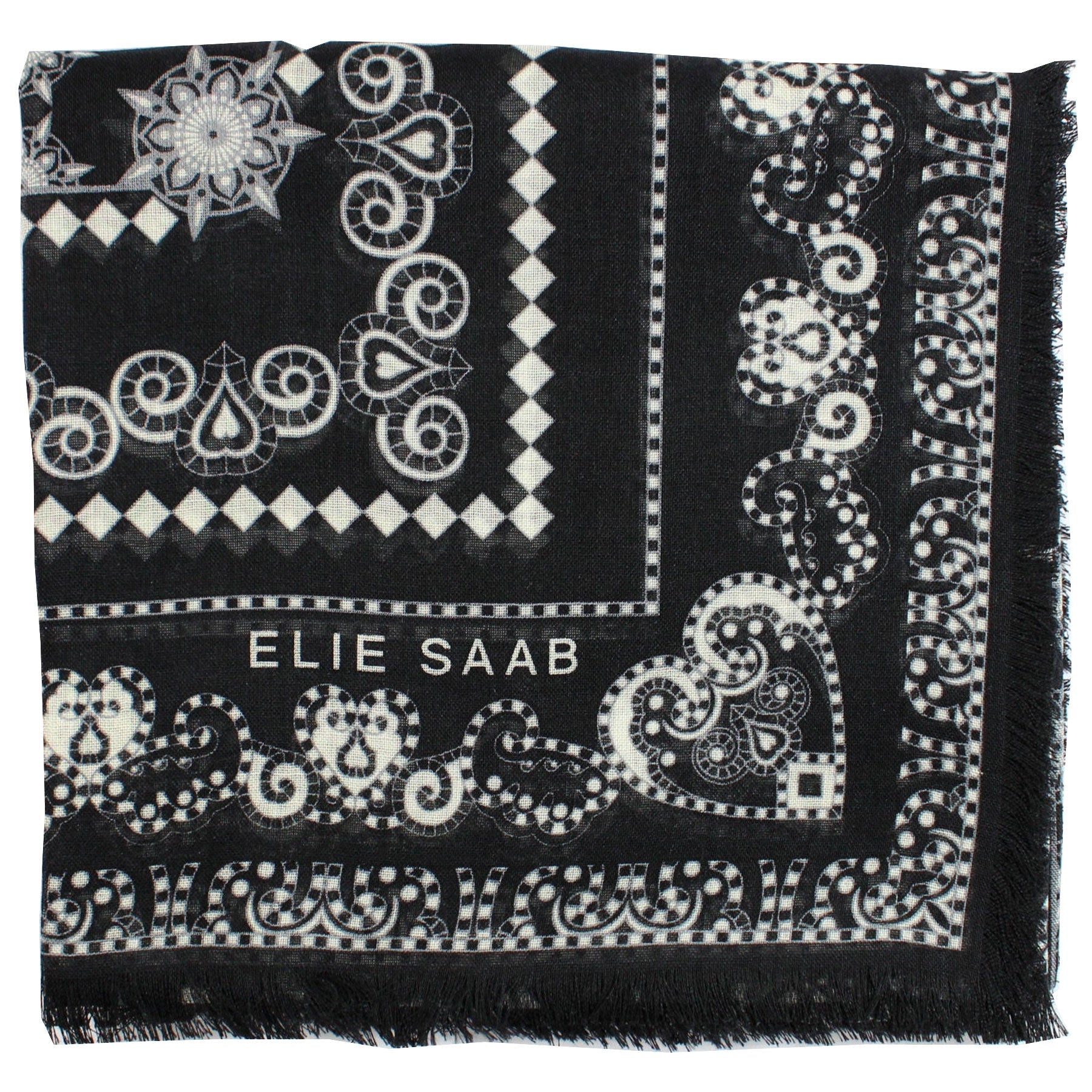 Elie Saab Scarf Black Gray Ornamental - Cashmere Silk Shawl
