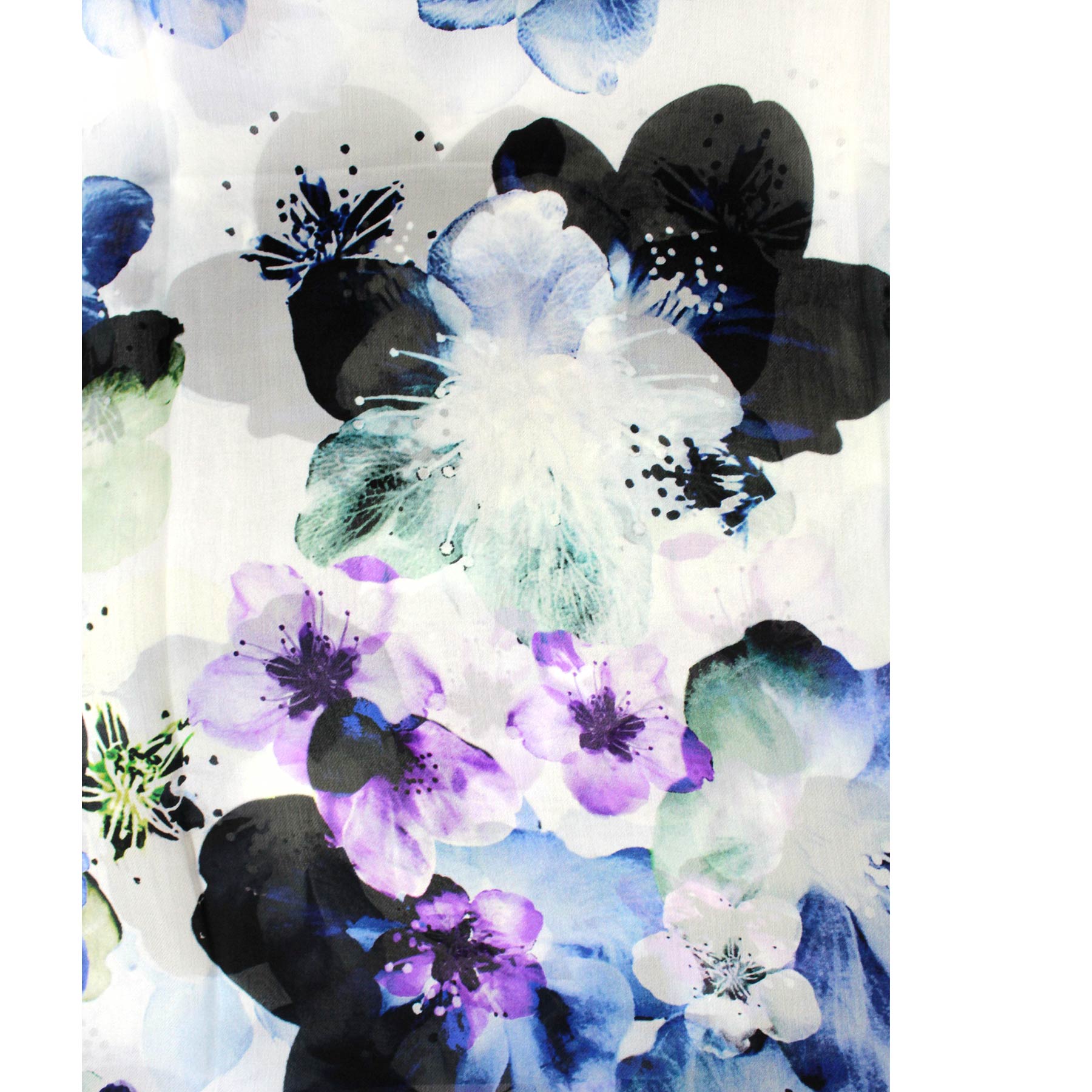 Elie Saab Scarf White Blue Black Purple Floral Design - Chiffon Silk Shawl
