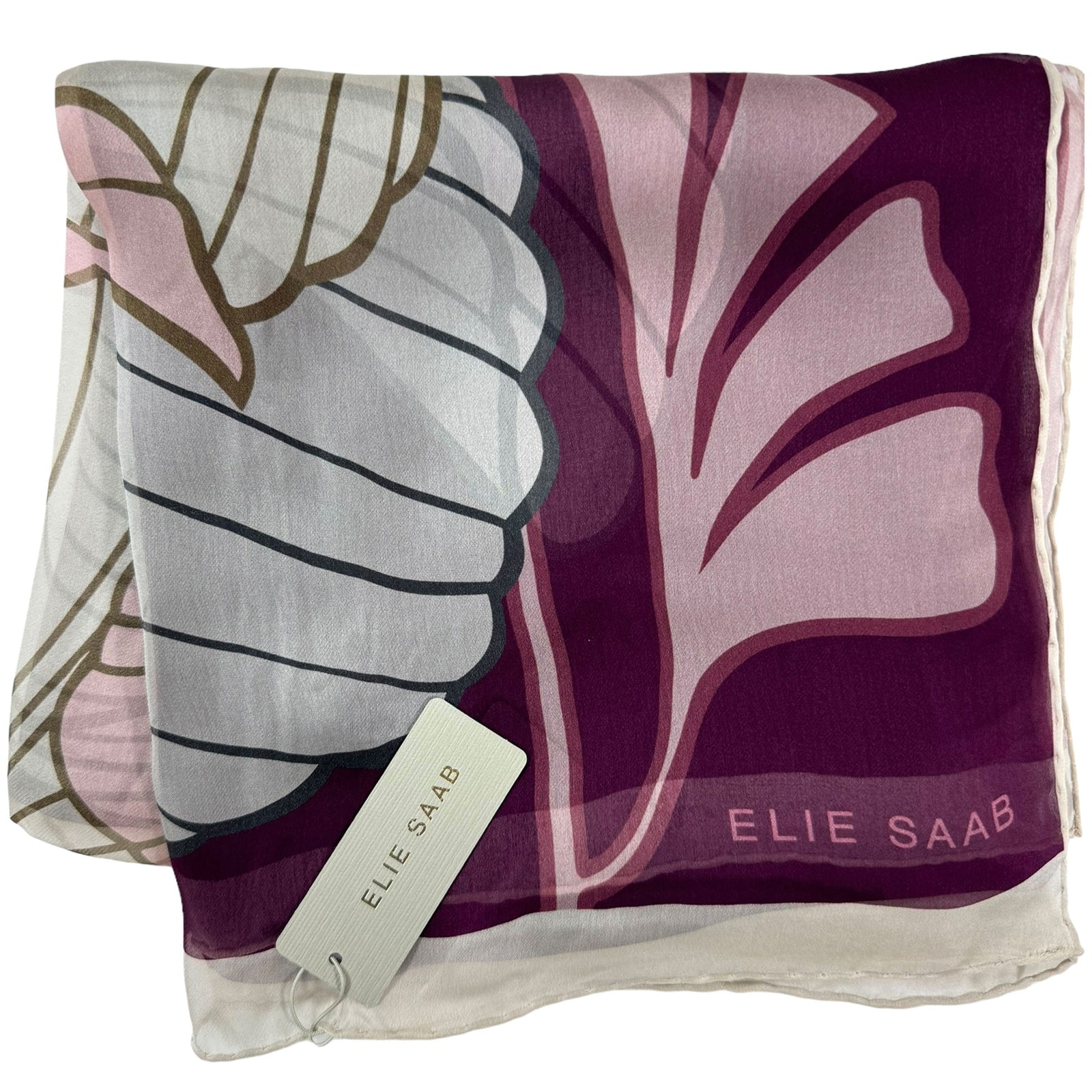 Elie Saab Scarf Gray Purple Floral - Chiffon Silk Designer Shawl