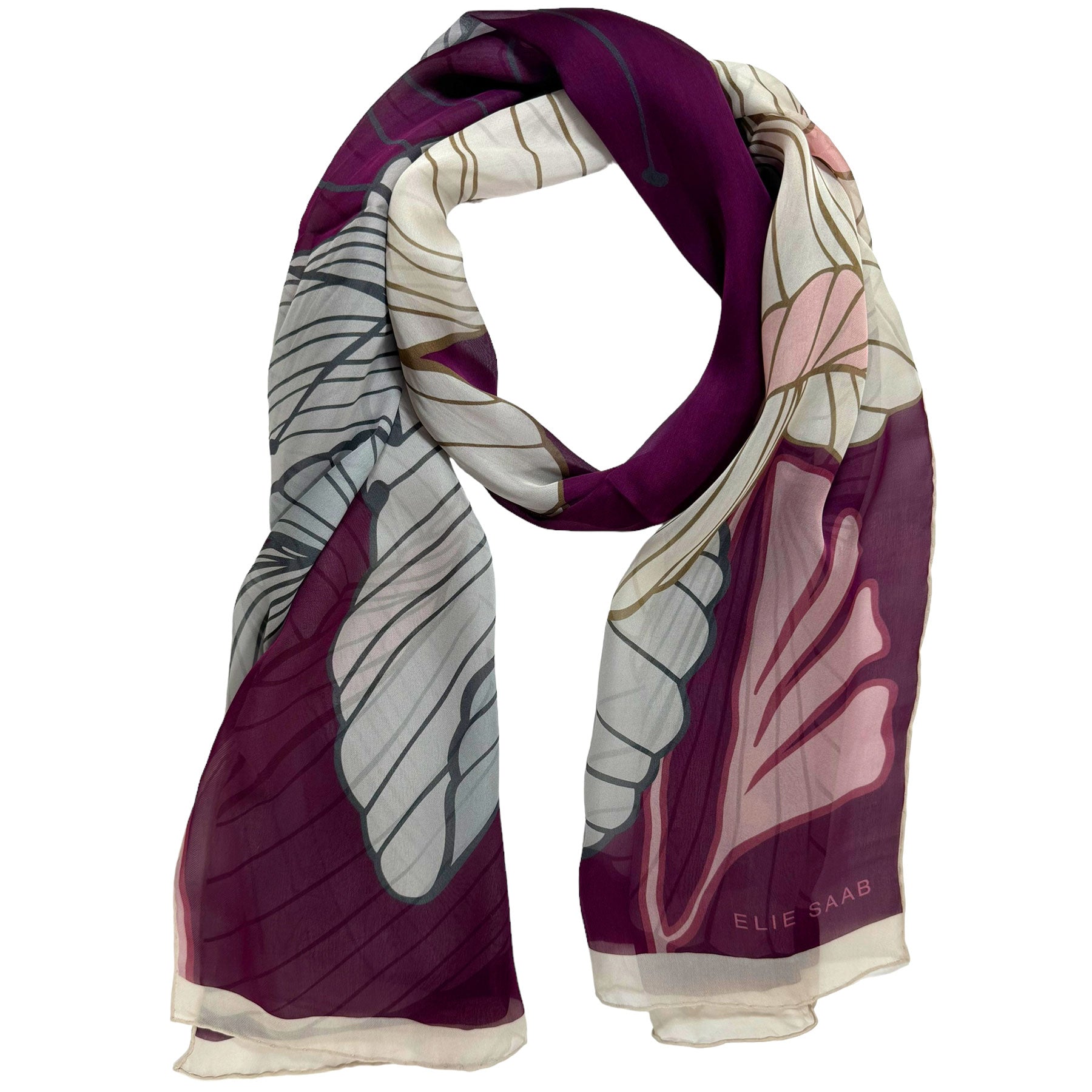 Elie Saab Scarf Gray Purple Floral - Chiffon Silk Designer Shawl