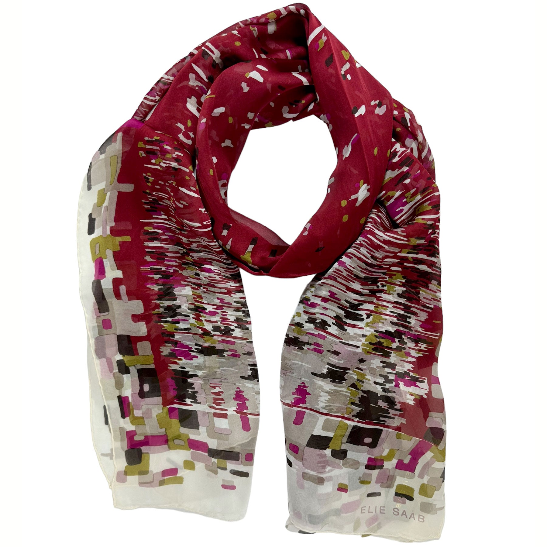 Elie Saab Scarf Bordeaux Fuchsia Gray Design - Chiffon Silk Designer Shawl