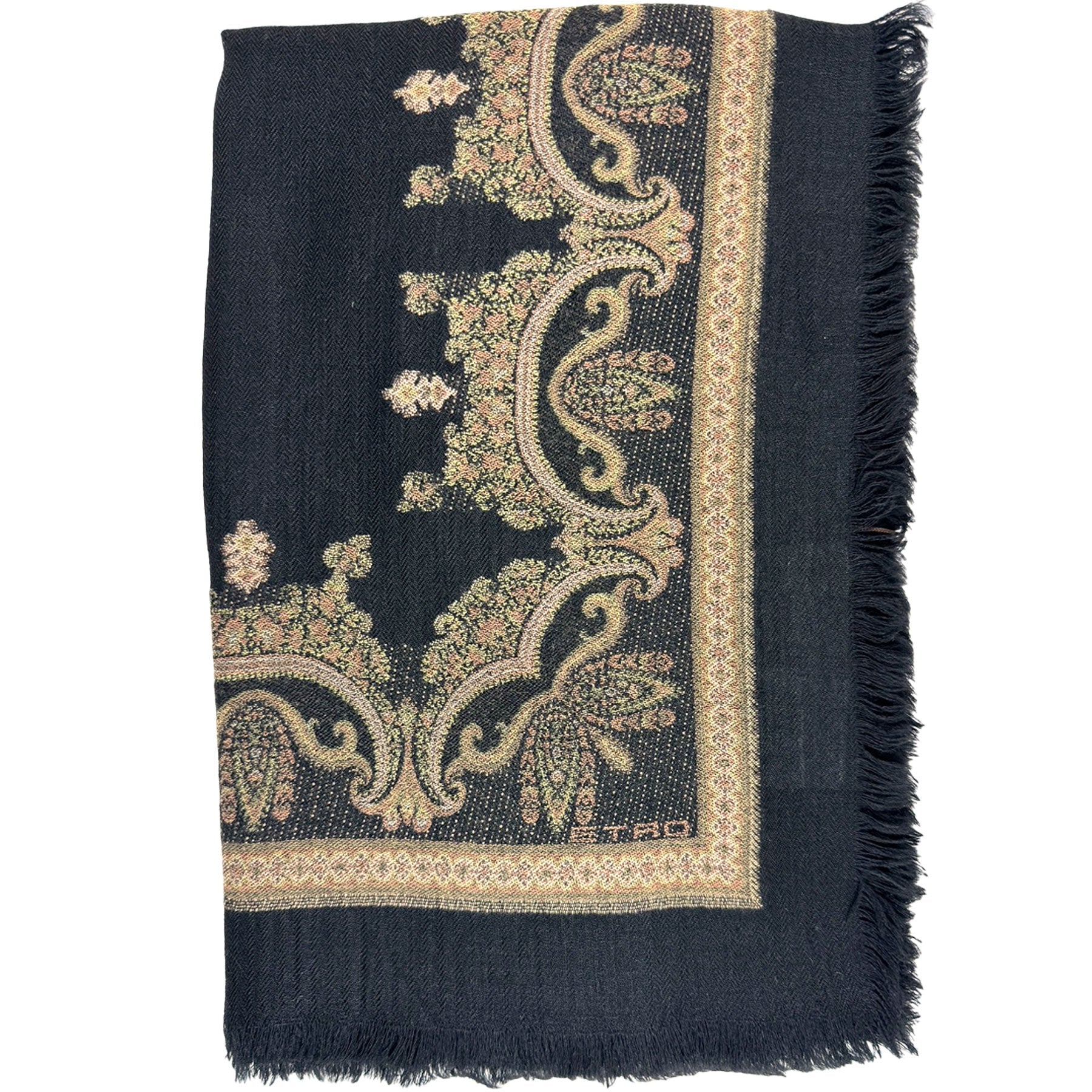 Etro Scarf Black Gold Baroque Design - Women Collection Extra Large Cashmere Shawl