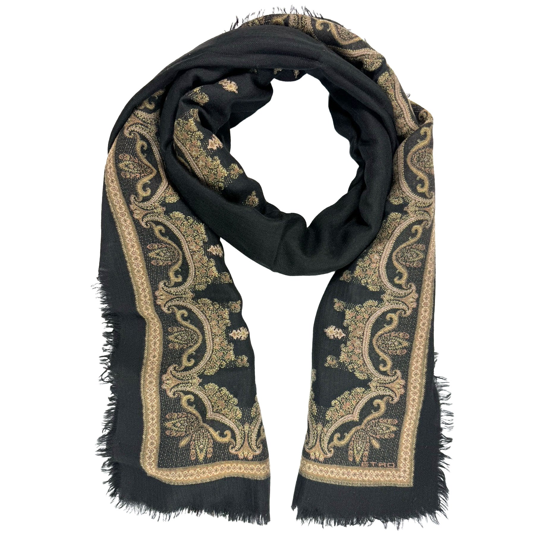 Etro Scarf Black Gold Baroque Design - Women Collection Extra Large Cashmere Shawl