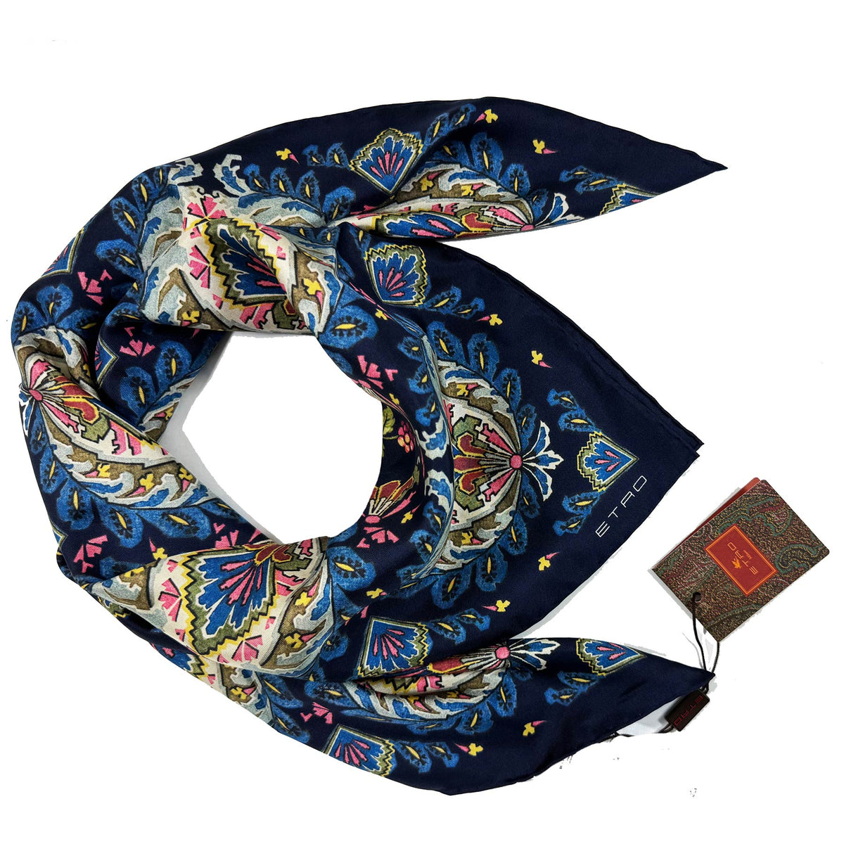 Etro Scarf Navy Blue Pink Baroque Design - Short Twill Silk Shawl