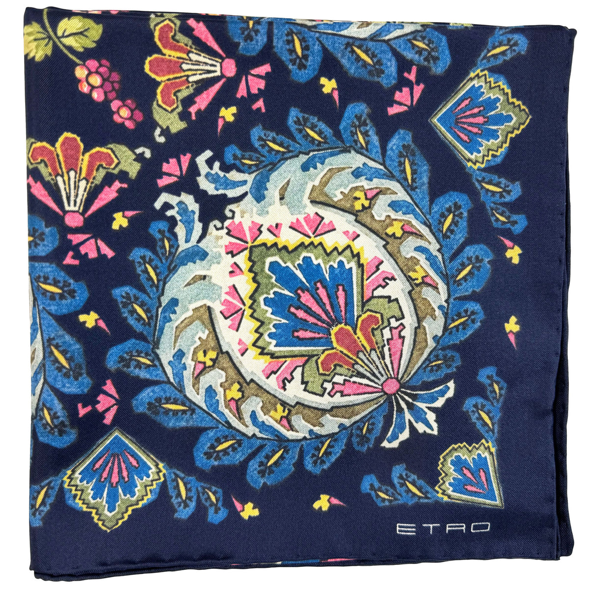 Etro Scarf Navy Blue Pink Baroque Design - Short Cashmere Shawl