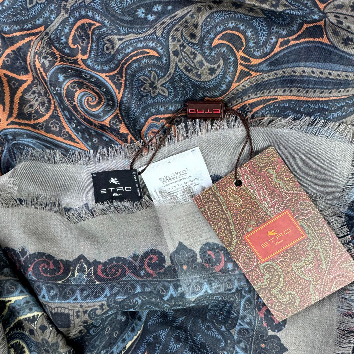 Etro Scarf Gray Blue Ornamental Design - Extra Large Square Shawl