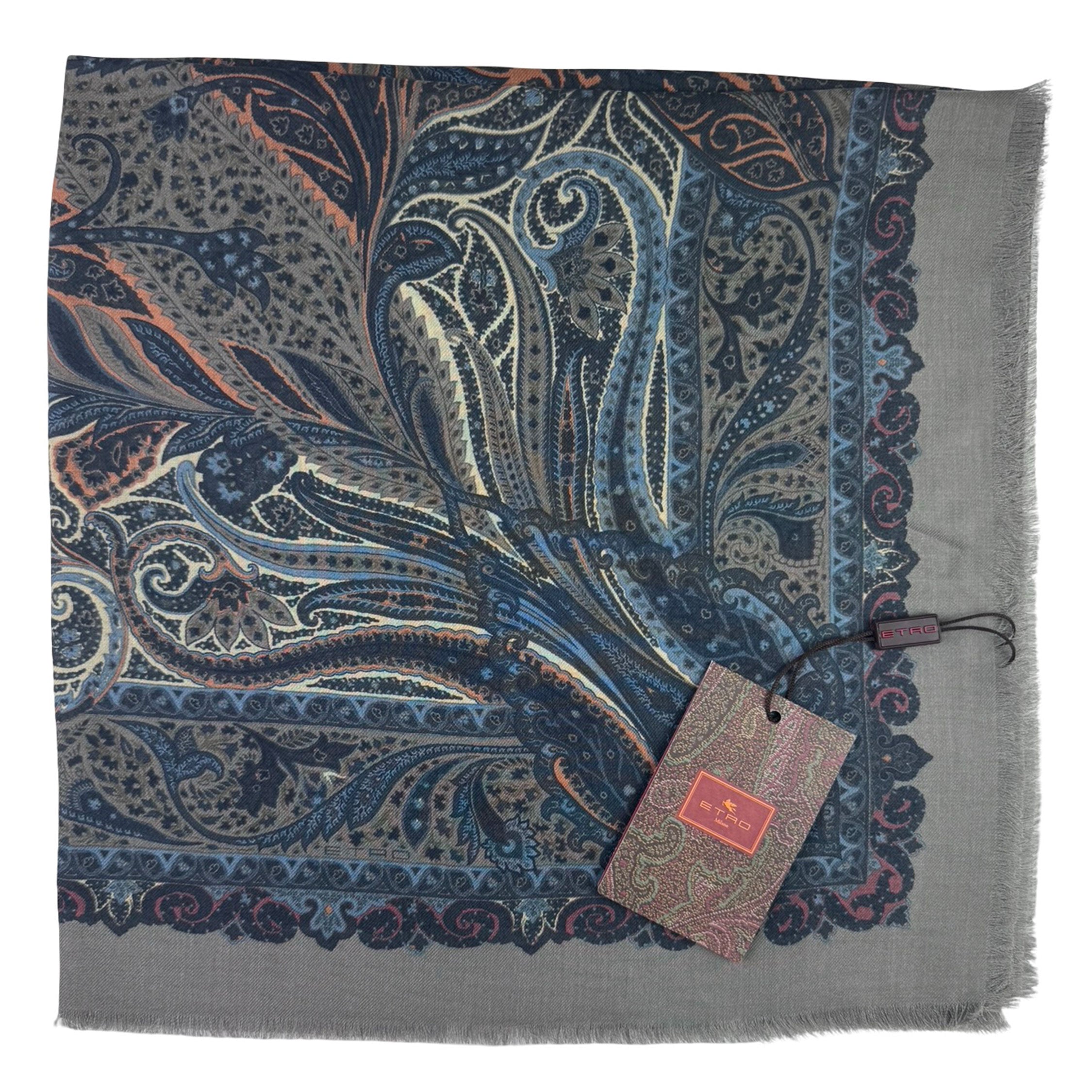 Etro Scarf Gray Blue Ornamental Design - Extra Large Square Shawl