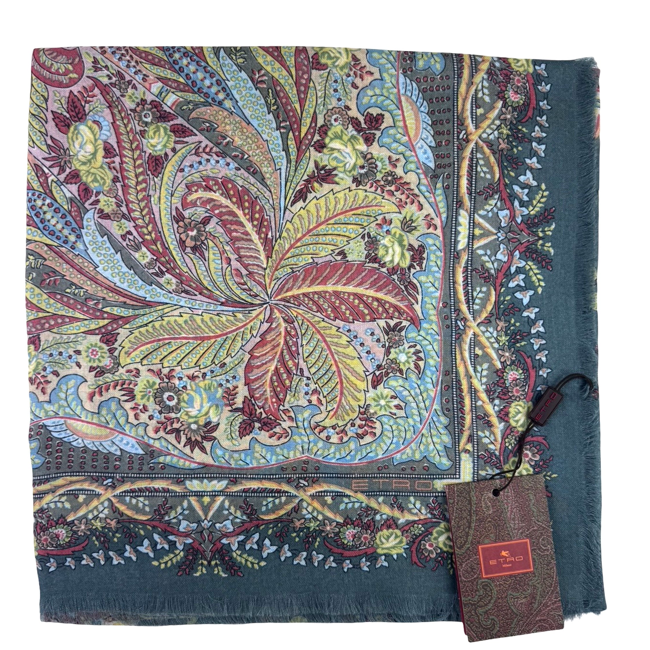 Etro Scarf Green-Gray Ornamental Paisley Design - Extra Large