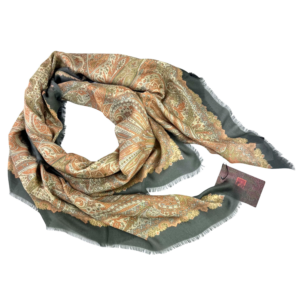 Etro Scarf Beige Orange Green Paisley - Extra Large Square Shawl