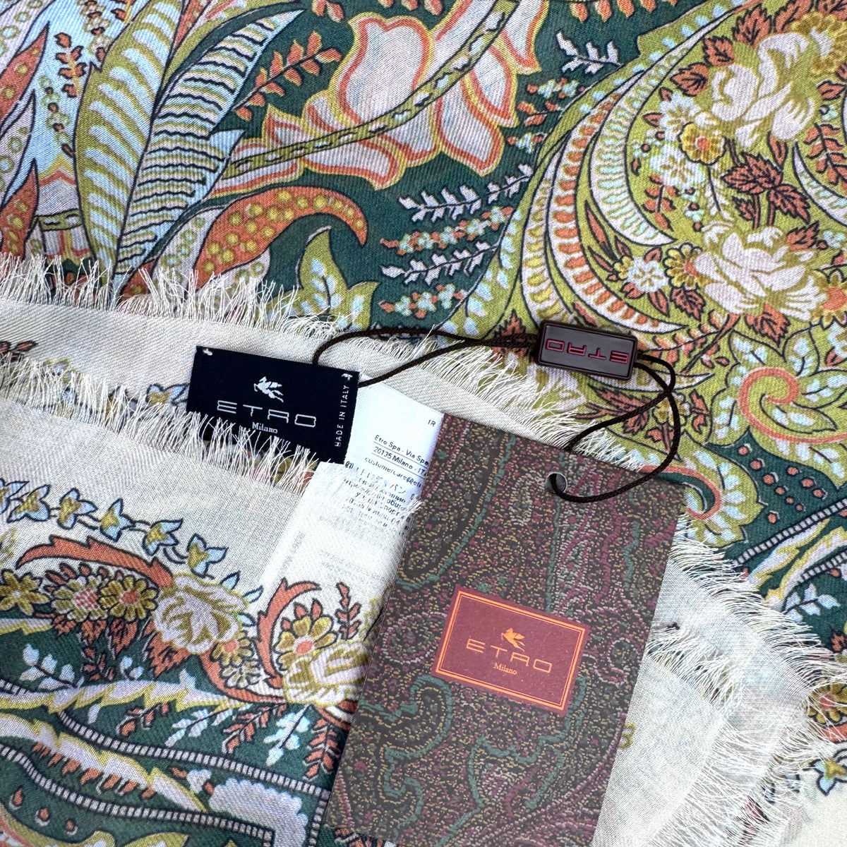 Etro Scarf White Green Brown Orange Floral - Extra Large Square Shawl