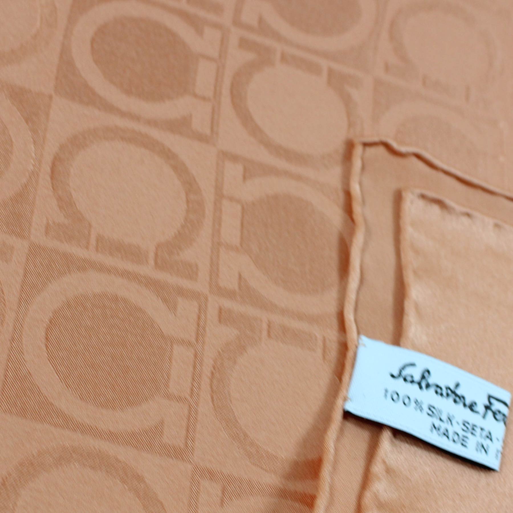 Square satin scarf with brand logo, brown/beige with orange colors. -  TopU-Up