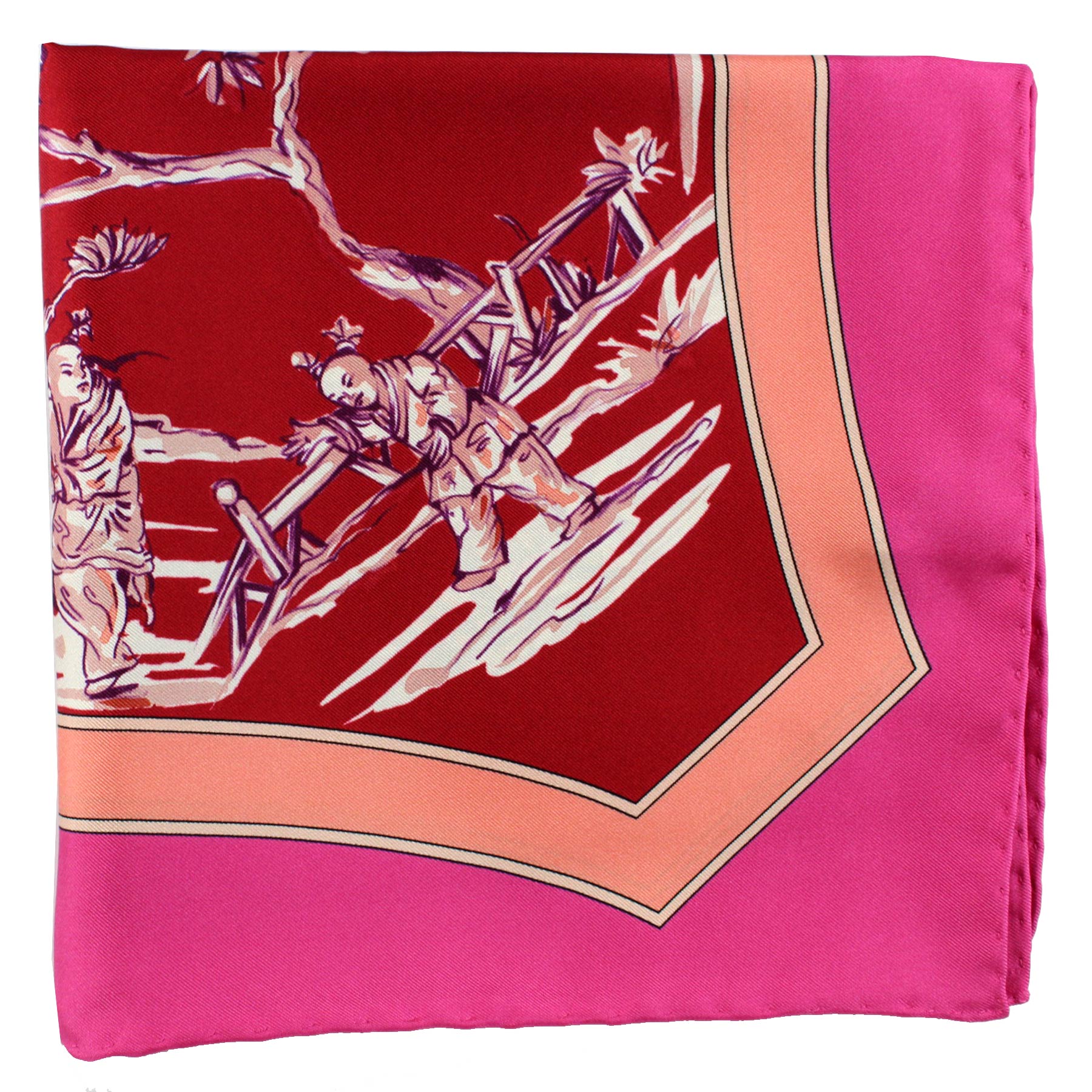 Salvatore Ferragamo Scarf Asian Print Pink Orange Red - Twill Silk Foulard SALE