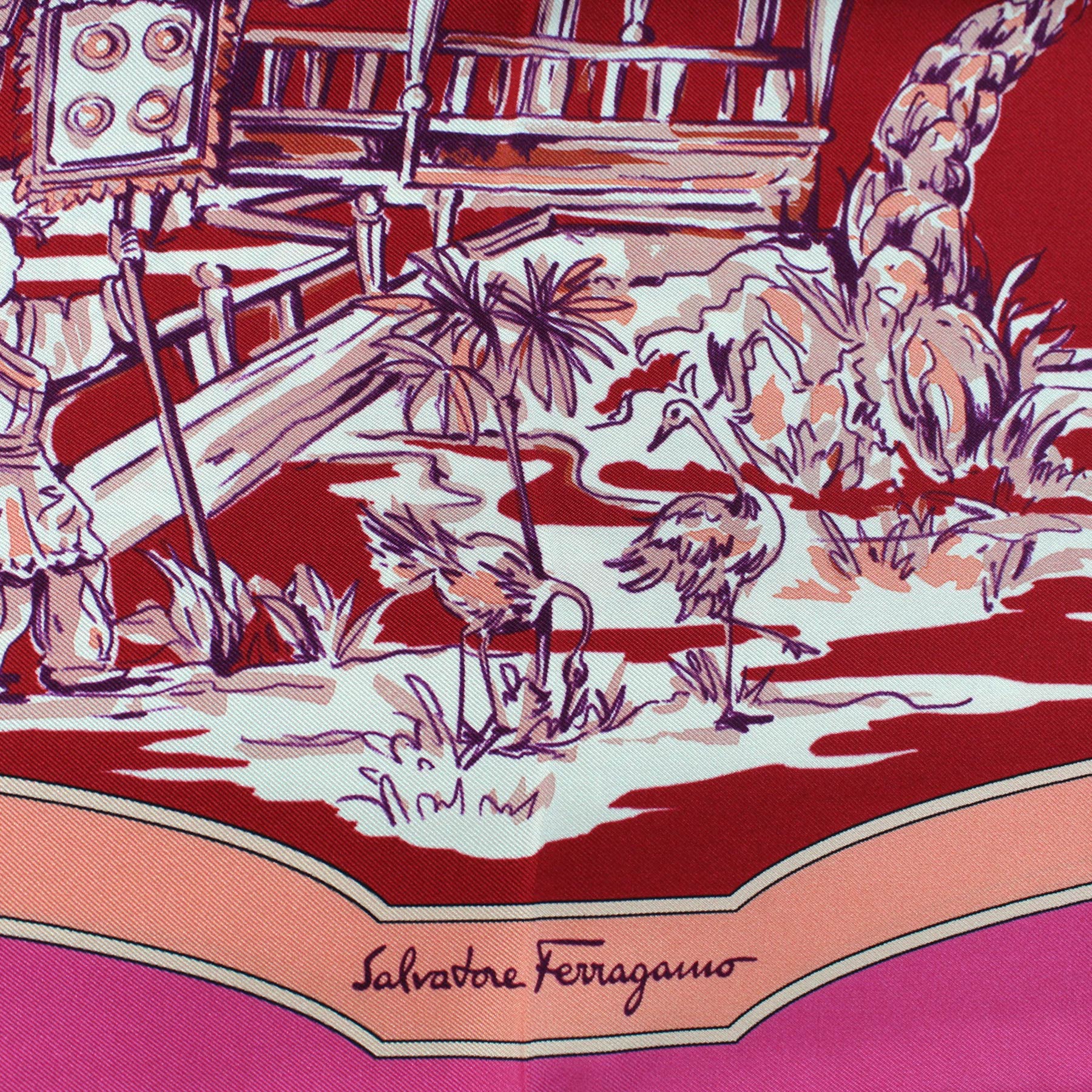 Salvatore Ferragamo Scarf Asian Print Pink Orange Red - Twill Silk Foulard SALE