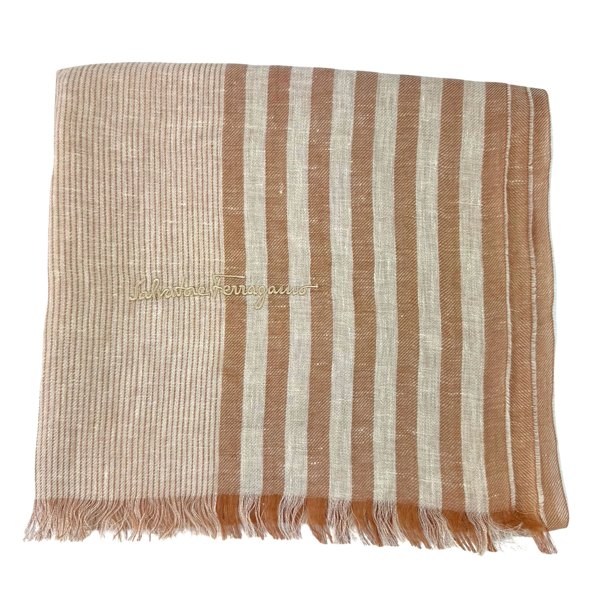 Salvatore Ferragamo Scarf Orange White Stripes - Linen Cashmere Shawl