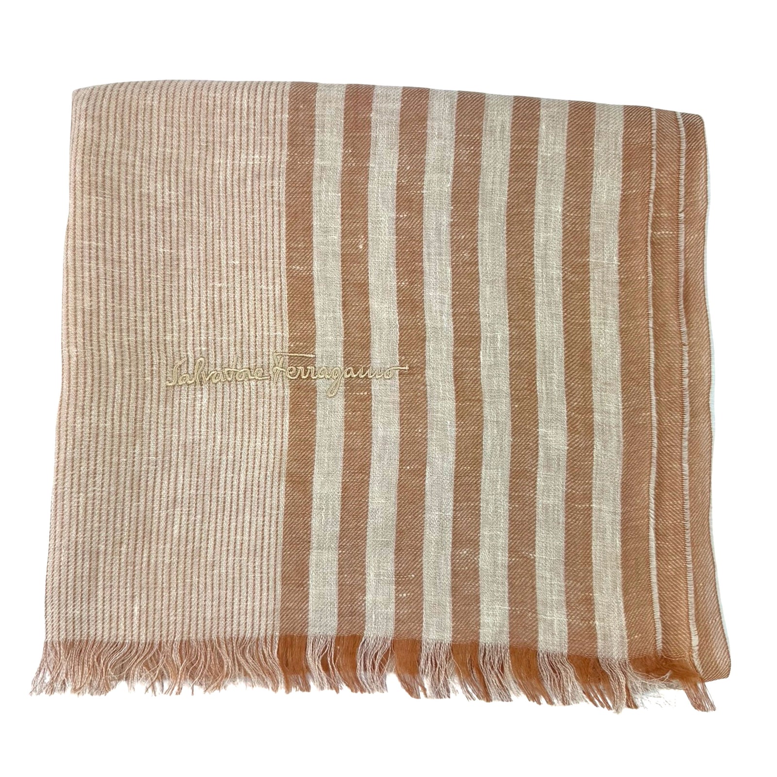Salvatore Ferragamo Scarf Orange White Stripes - Linen Cashmere Shawl