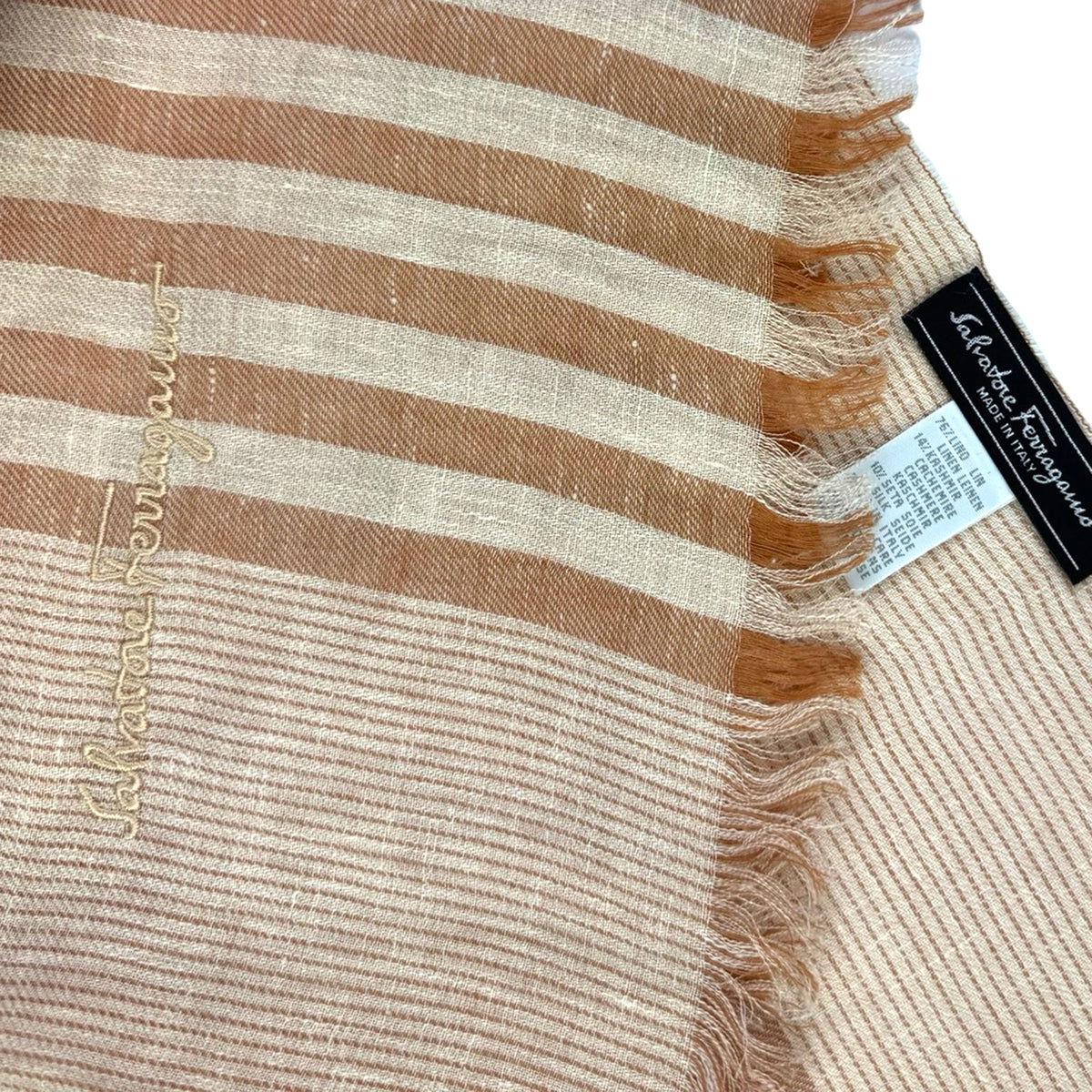 Salvatore Ferragamo Scarf Orange White Stripes - Linen Cashmere Shawl