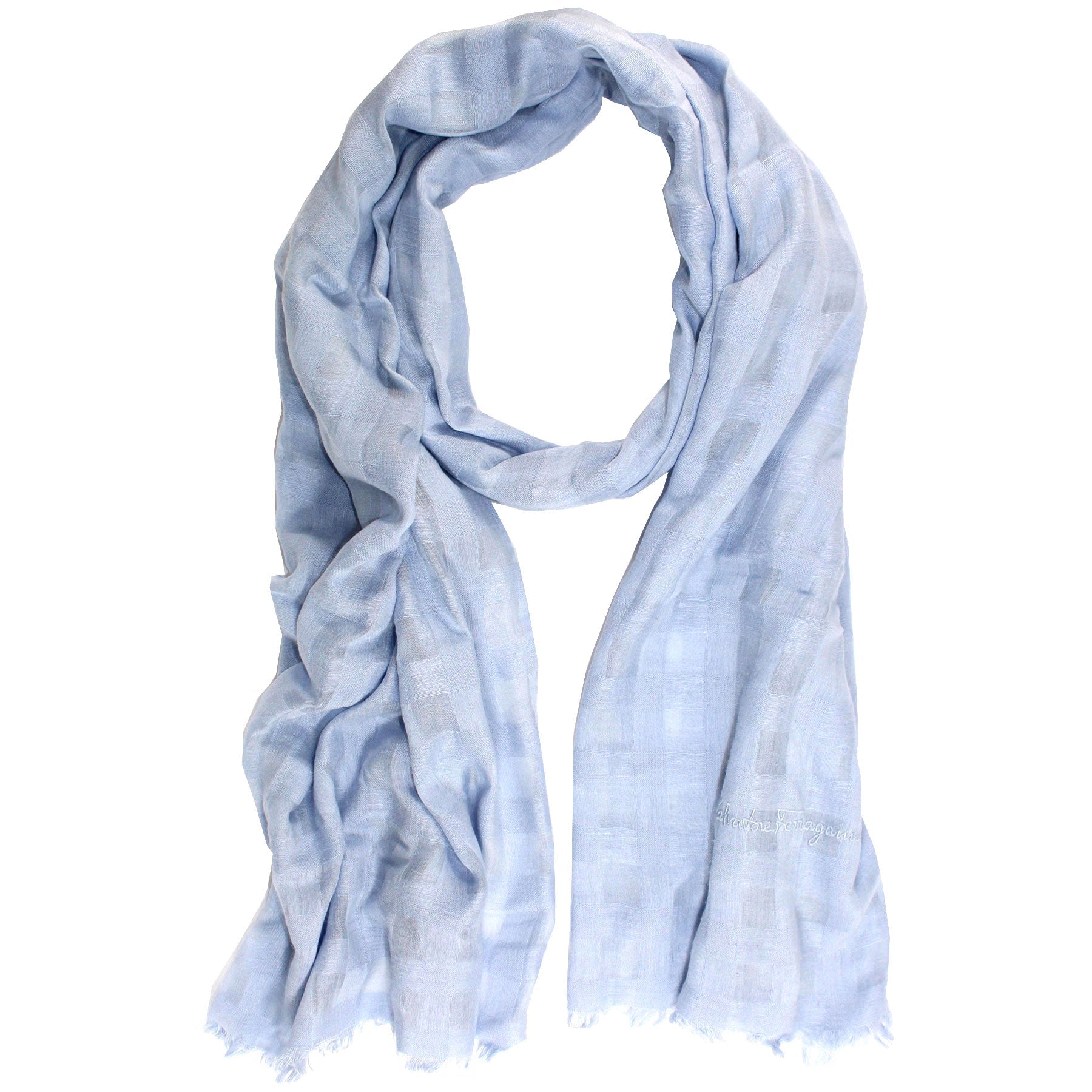 Salvatore Ferragamo Scarf Blue Gingham - Linen Cashmere Shawl