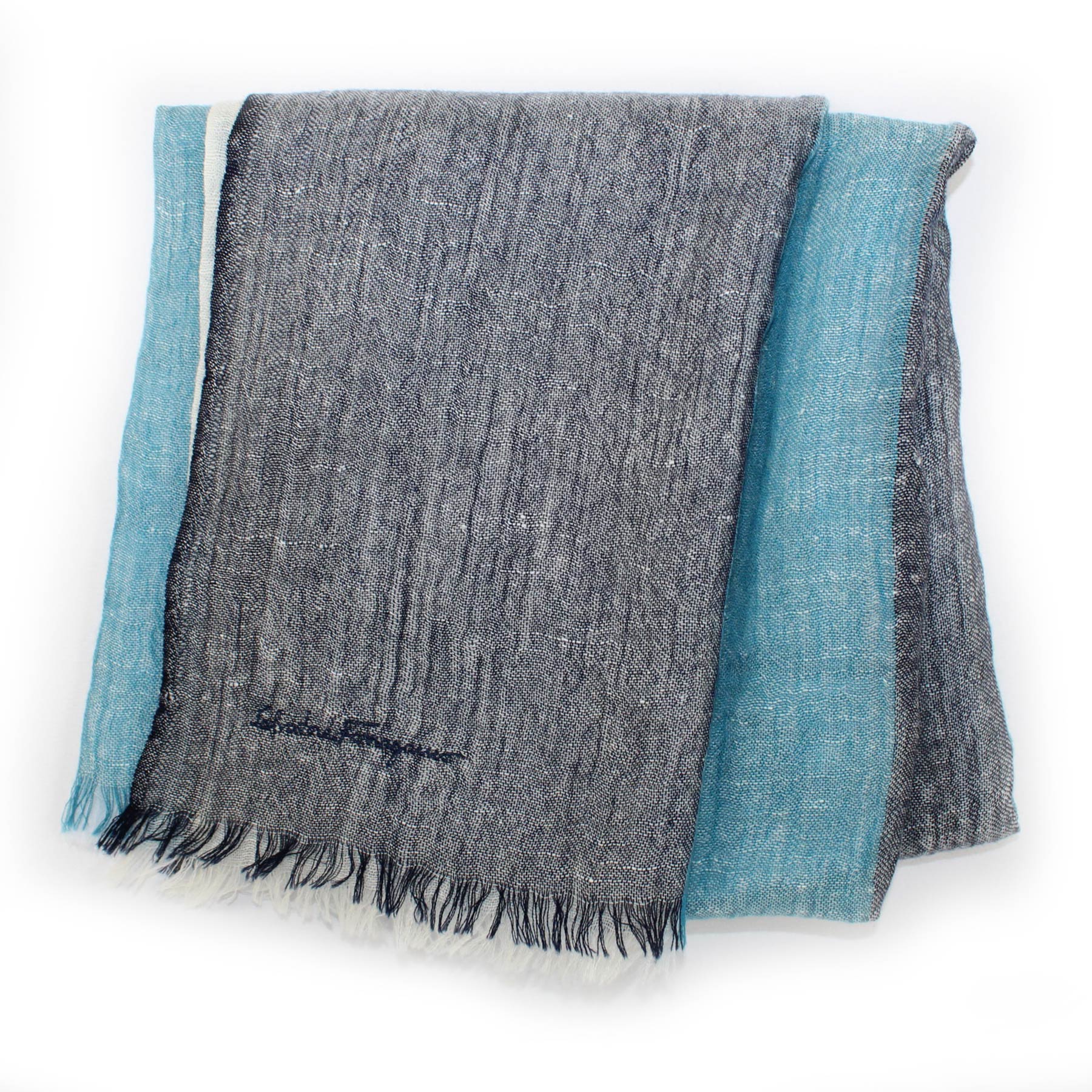 Salvatore Ferragamo Scarf White Navy Aqua -  Linen Cashmere Shawl