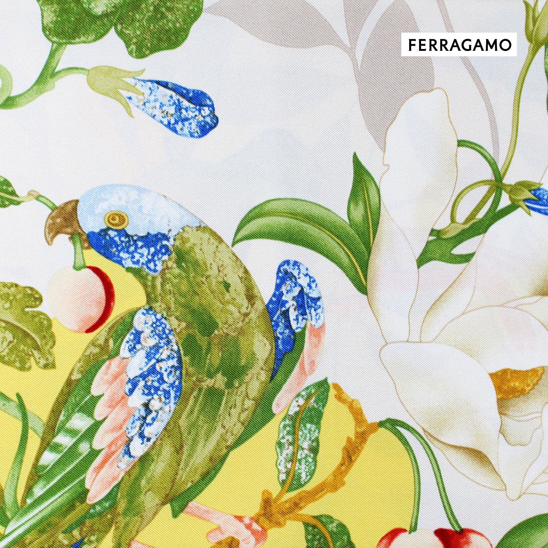 Salvatore Ferragamo Silk Scarf Yellow Bird & Floral - Twill Silk Square Foulard