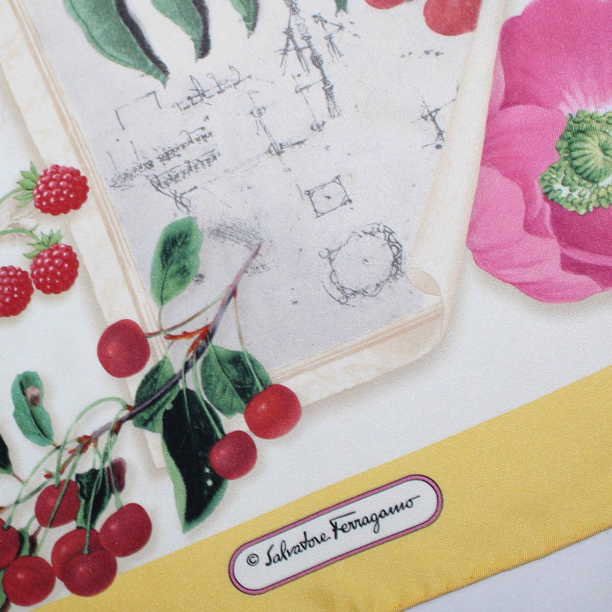 Salvatore Ferragamo Silk Scarf Flowers &amp; Drawings Design - Large 36 Inch Square Foulard SALE