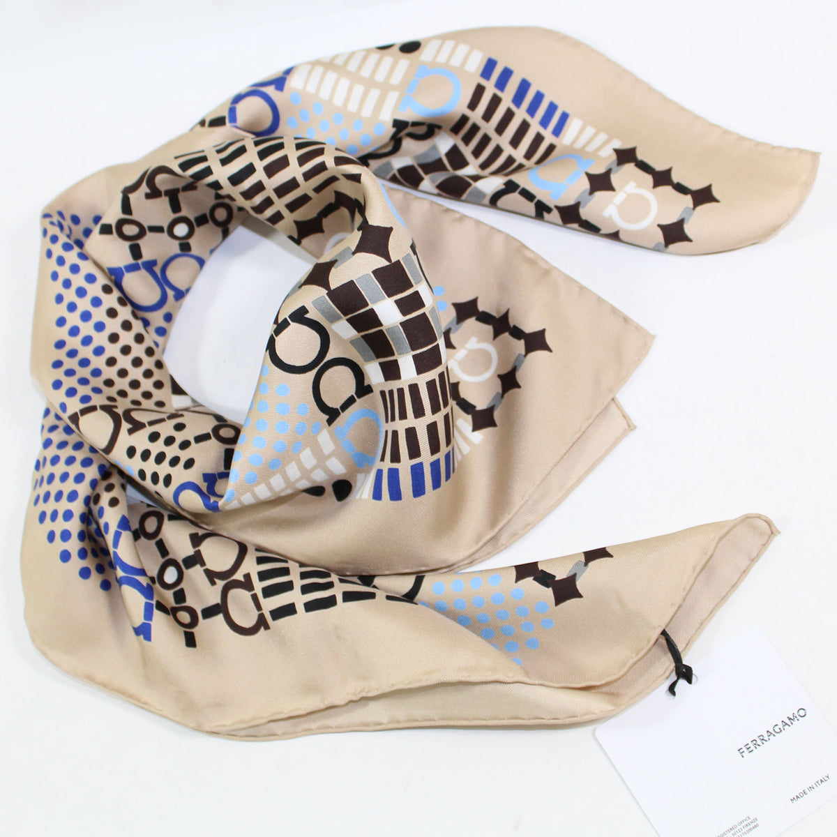 Ferragamo Scarf Beige Gancini - Twill Silk Foulard SALE