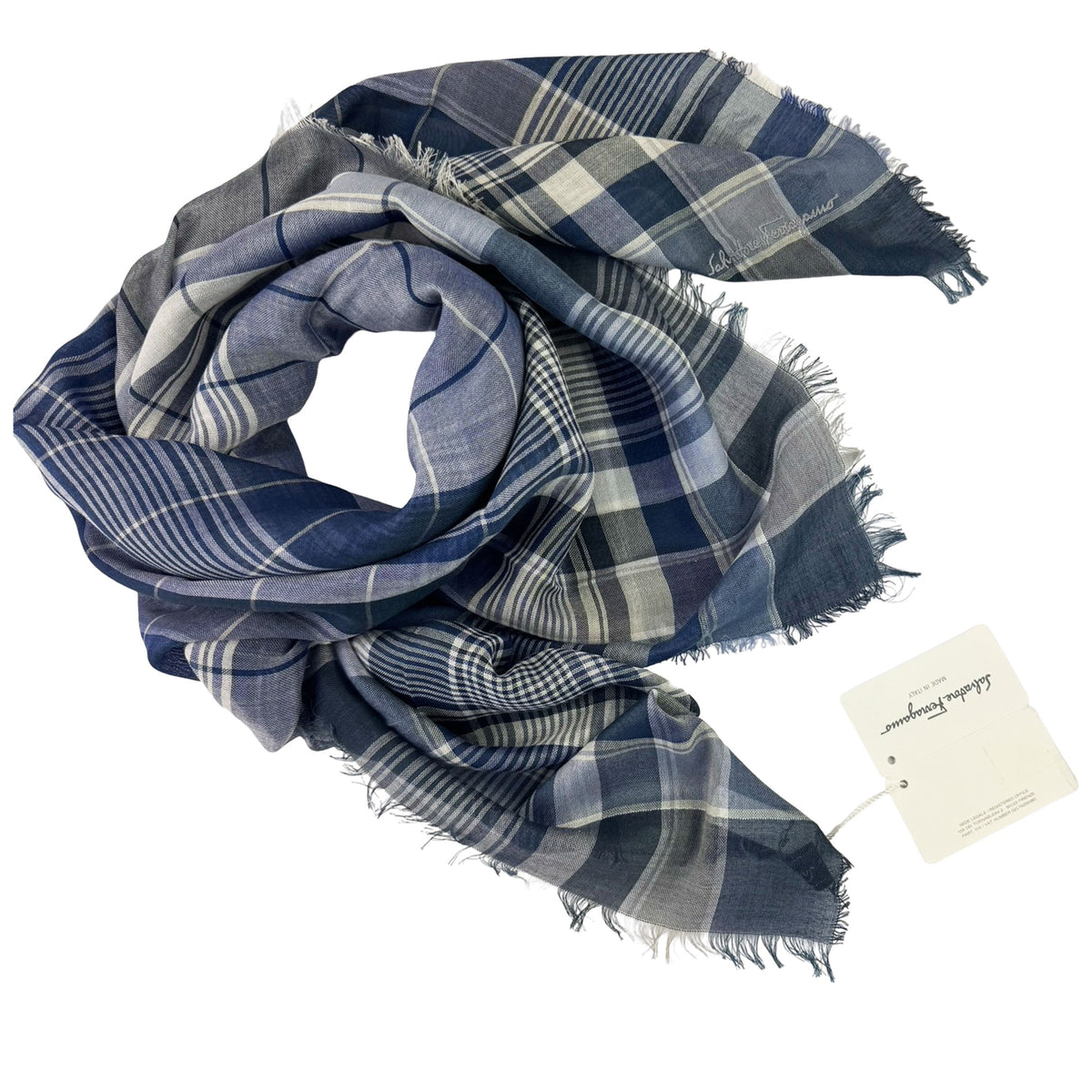 Salvatore Ferragamo Scarf Navy Blue Design - Square Cotton Silk Shawl