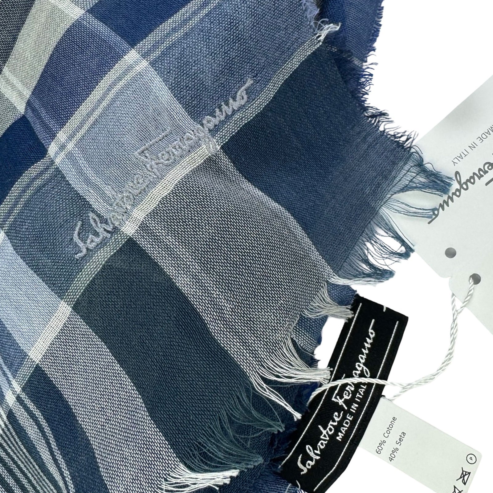 Salvatore Ferragamo Scarf Navy Blue Design - Square Cotton Silk Shawl