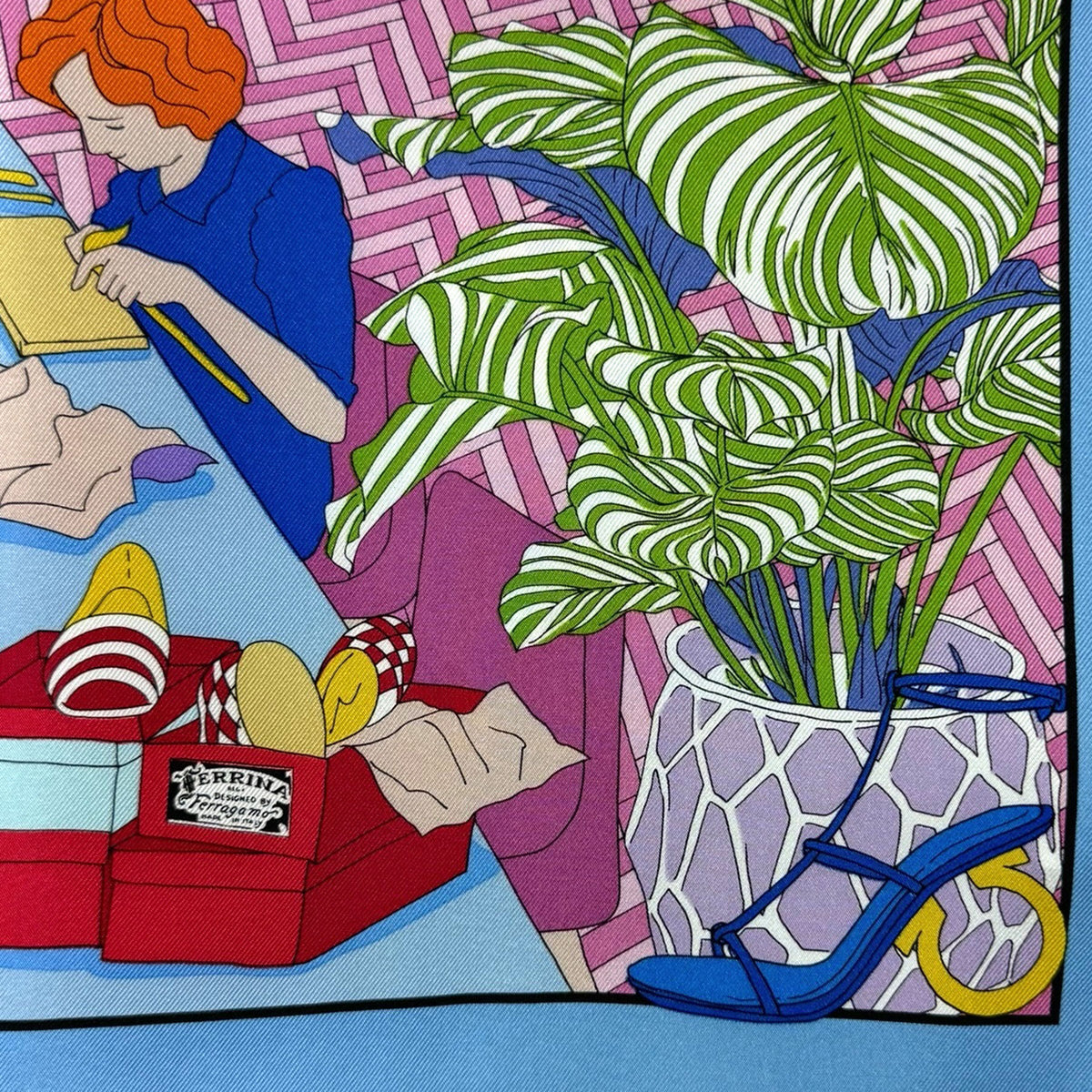 Salvatore Ferragamo Scarf Blue Pink Atelier Design - Twill Silk Foulard SALE