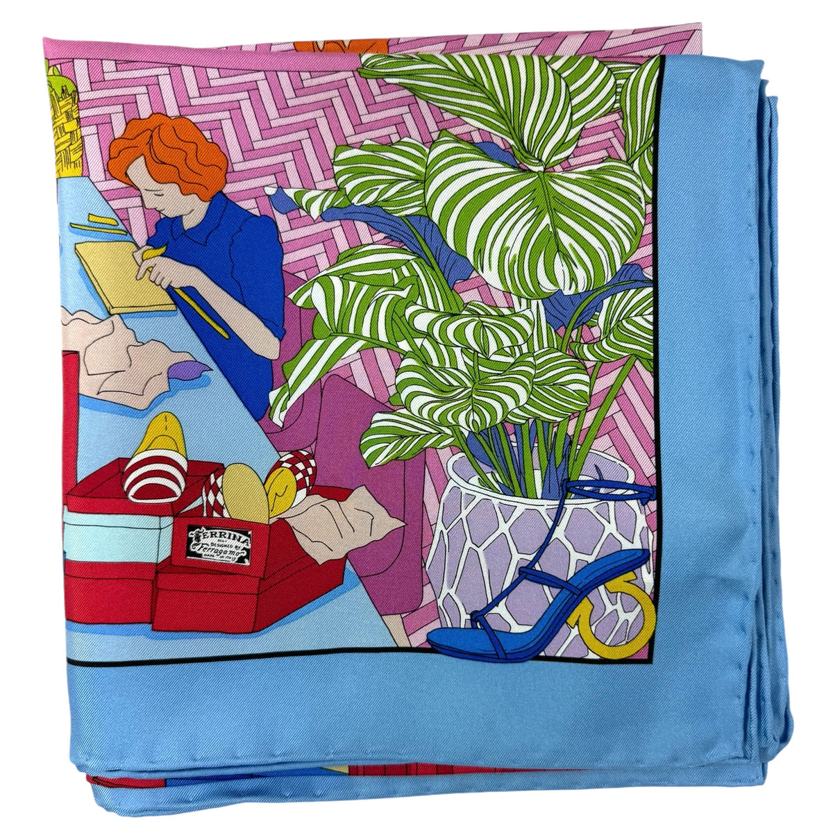 Salvatore Ferragamo Scarf Blue Pink Atelier Design - Twill Silk Foulard SALE