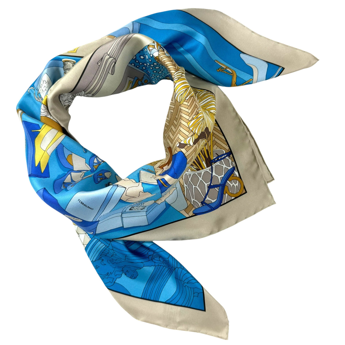 Salvatore Ferragamo Scarf Atelier Design Stone Blue - Twill Silk Square Foulard SALE