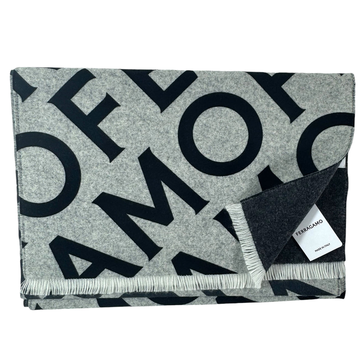 Salvatore Ferragamo Scarf Gray Logo Double Scarf With Lettering - Wool Cashmere SALE