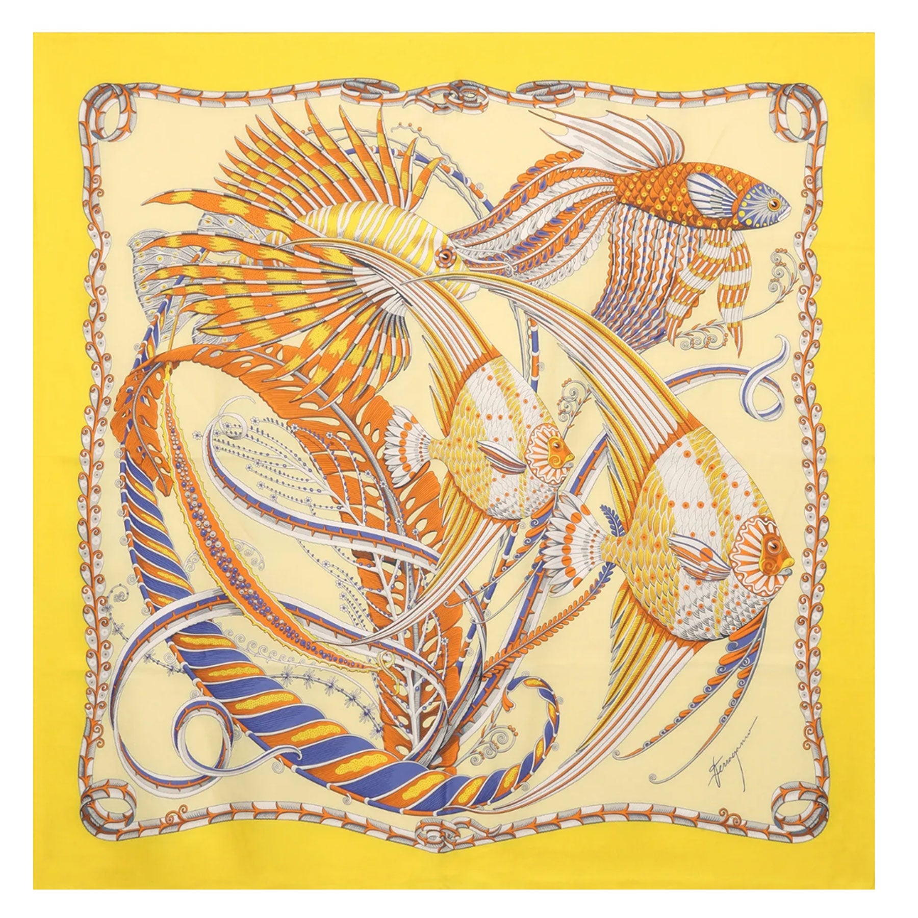Ferragamo Scarf Yellow Fish Design - Twill Silk Foulard SALE