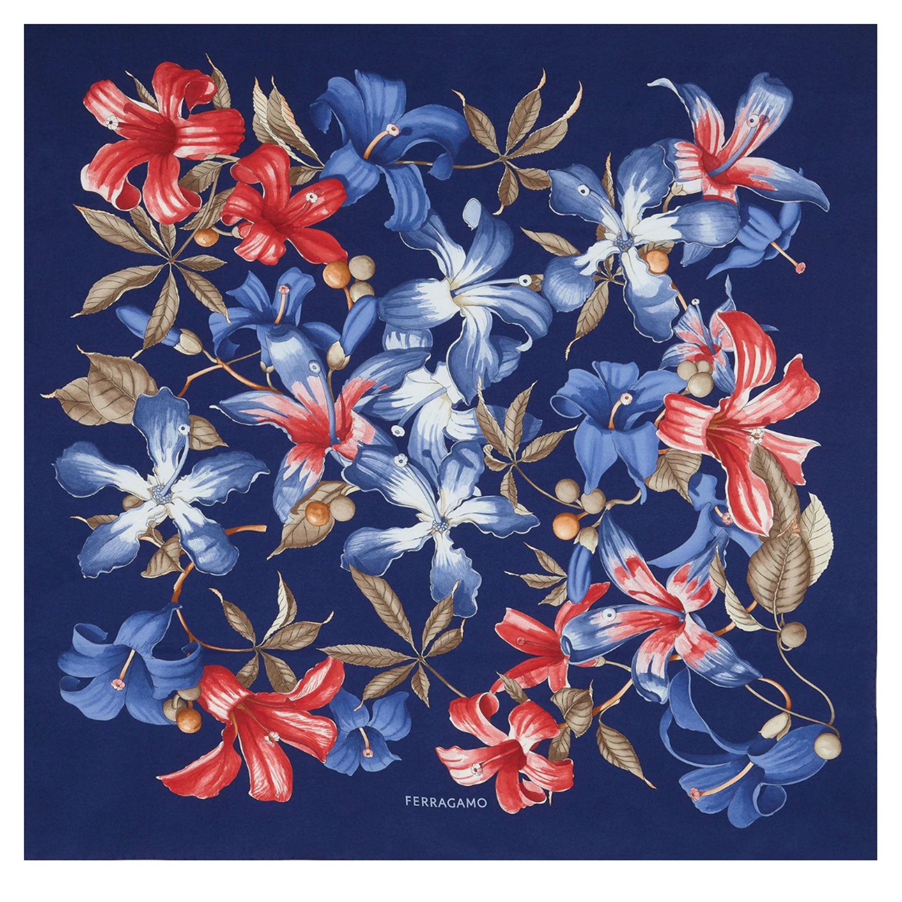 Ferragamo Scarf Royal Blue Hibiscus Floral Print - Twill Silk