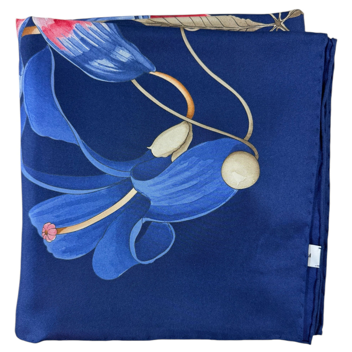 Ferragamo Scarf Royal Blue Hibiscus Floral Print - Twill Silk Foulard