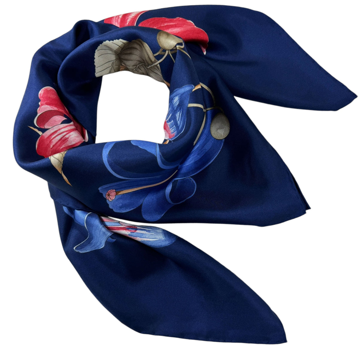 Ferragamo Scarf Royal Blue Hibiscus Floral Print - Twill Silk Foulard