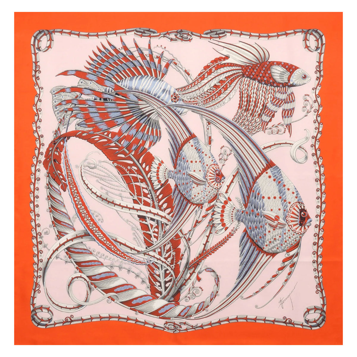 Ferragamo Scarf Orange Fish Design - Twill Silk Foulard - 2024 Collection