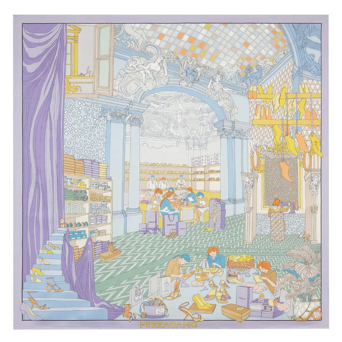 Salvatore Ferragamo Scarf Atelier Design Stone Blue - Twill Silk Square Foulard SALE