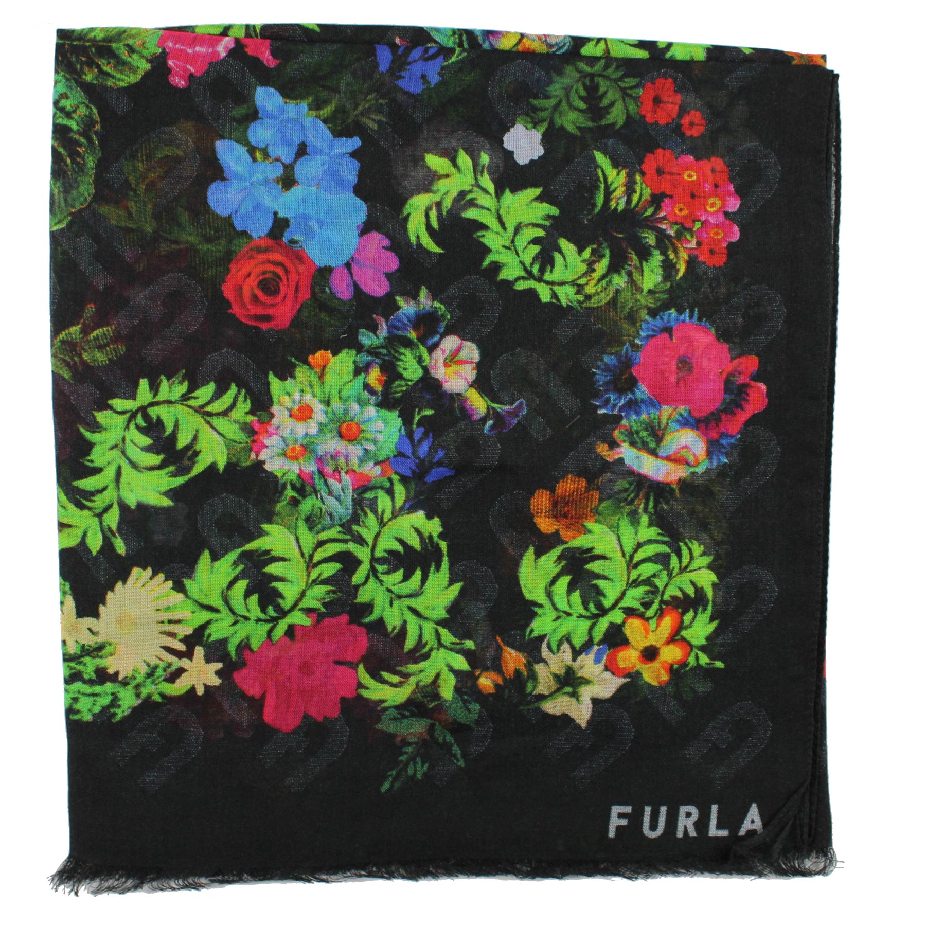 Furla Scarf Black Floral Design - Modal Silk Shawl